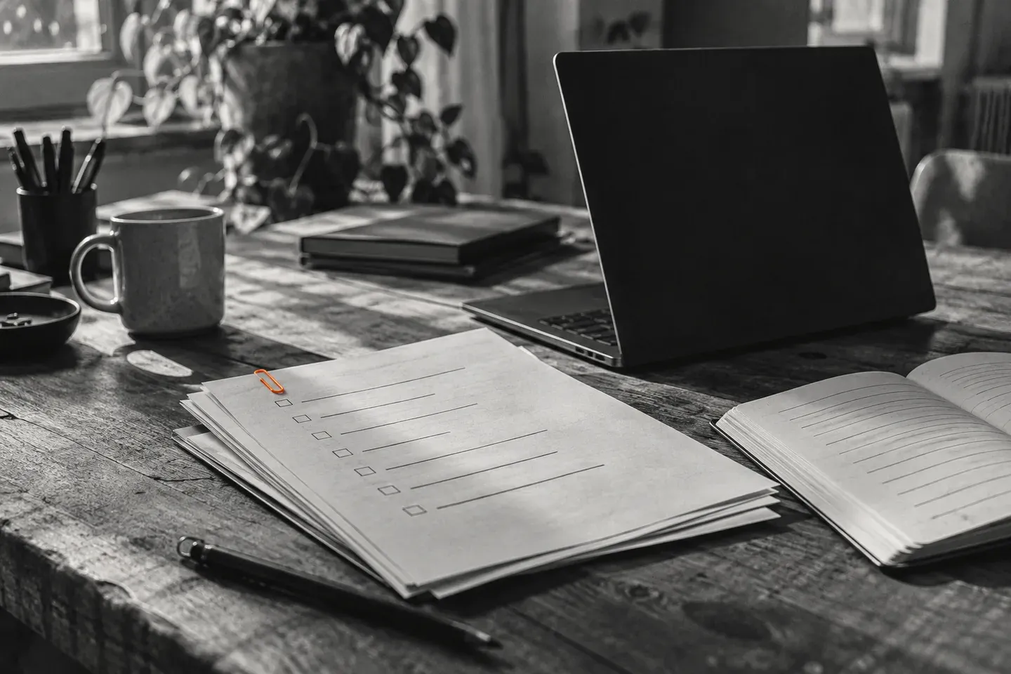 Projektunterlagen und Notizbuch neben einem Laptop, mit einer orangefarbenen Büroklammer.
